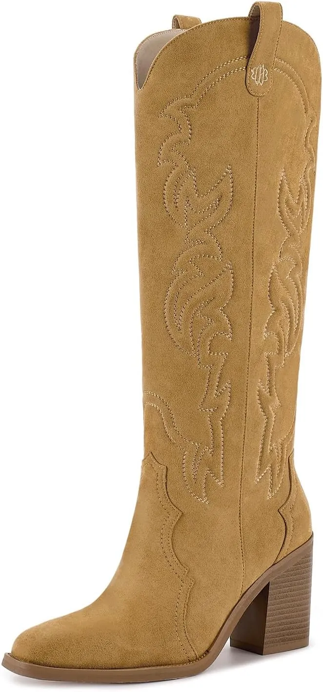 wetkiss Cowgirl Boots Women Knee High Boots, Embroidered Cowboy Boots with Chunky Heel Comfort Tall Western Boots for Women