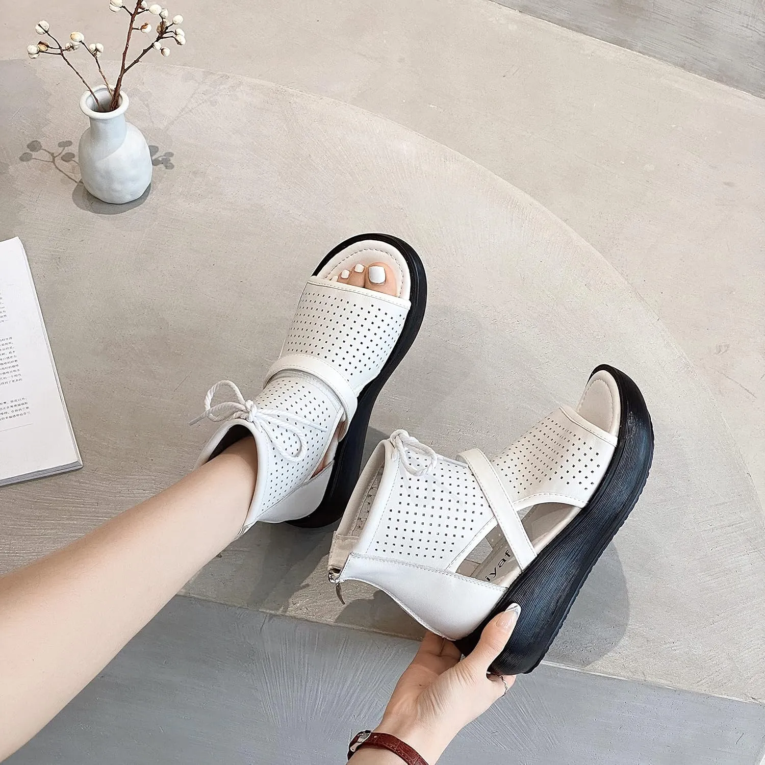 Women High Top Boot Sandals Open Toe Cutout Leather Sandals for Women