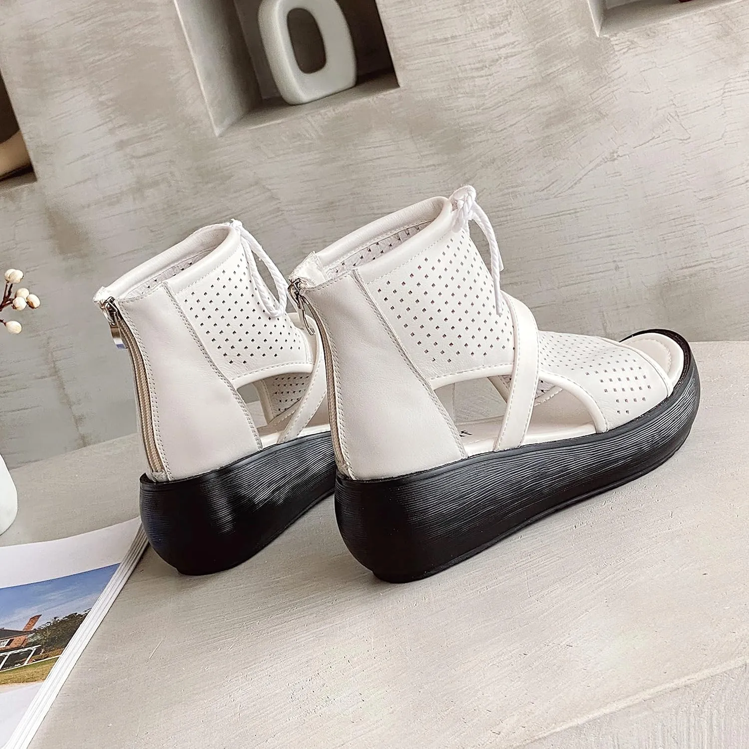 Women High Top Boot Sandals Open Toe Cutout Leather Sandals for Women