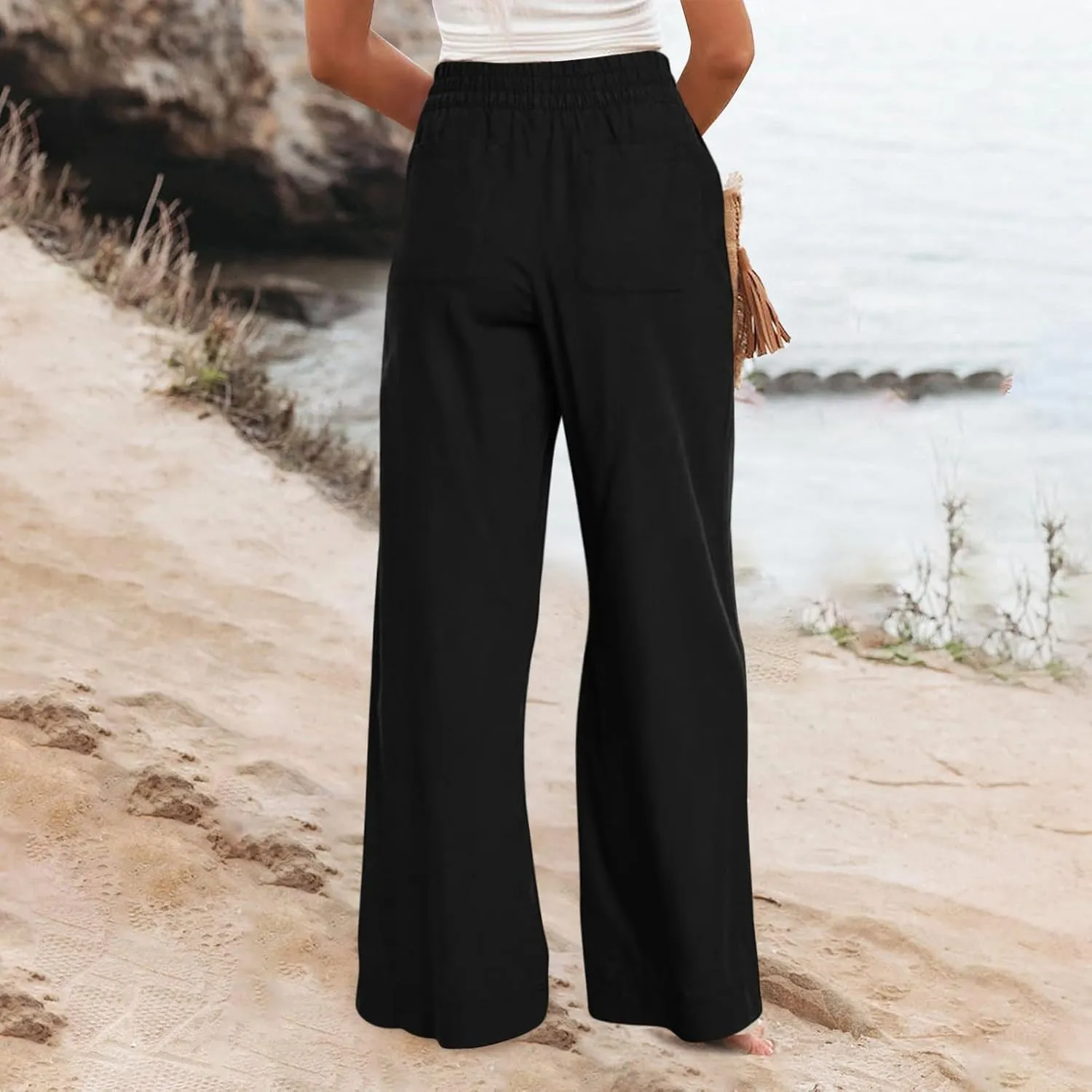Women Wide Leg Pants High Waisted Cotton Linen Palazzo Lounge Pant Business Casual Paperbag Trousers with Pocket