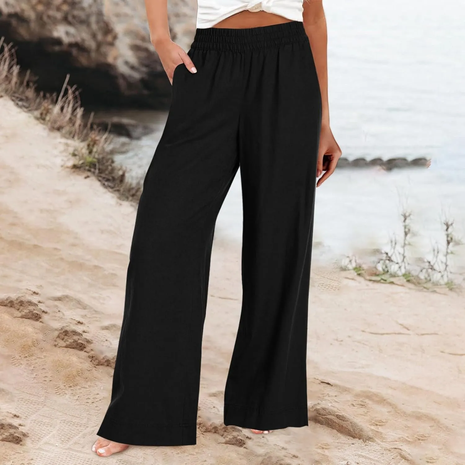 Women Wide Leg Pants High Waisted Cotton Linen Palazzo Lounge Pant Business Casual Paperbag Trousers with Pocket