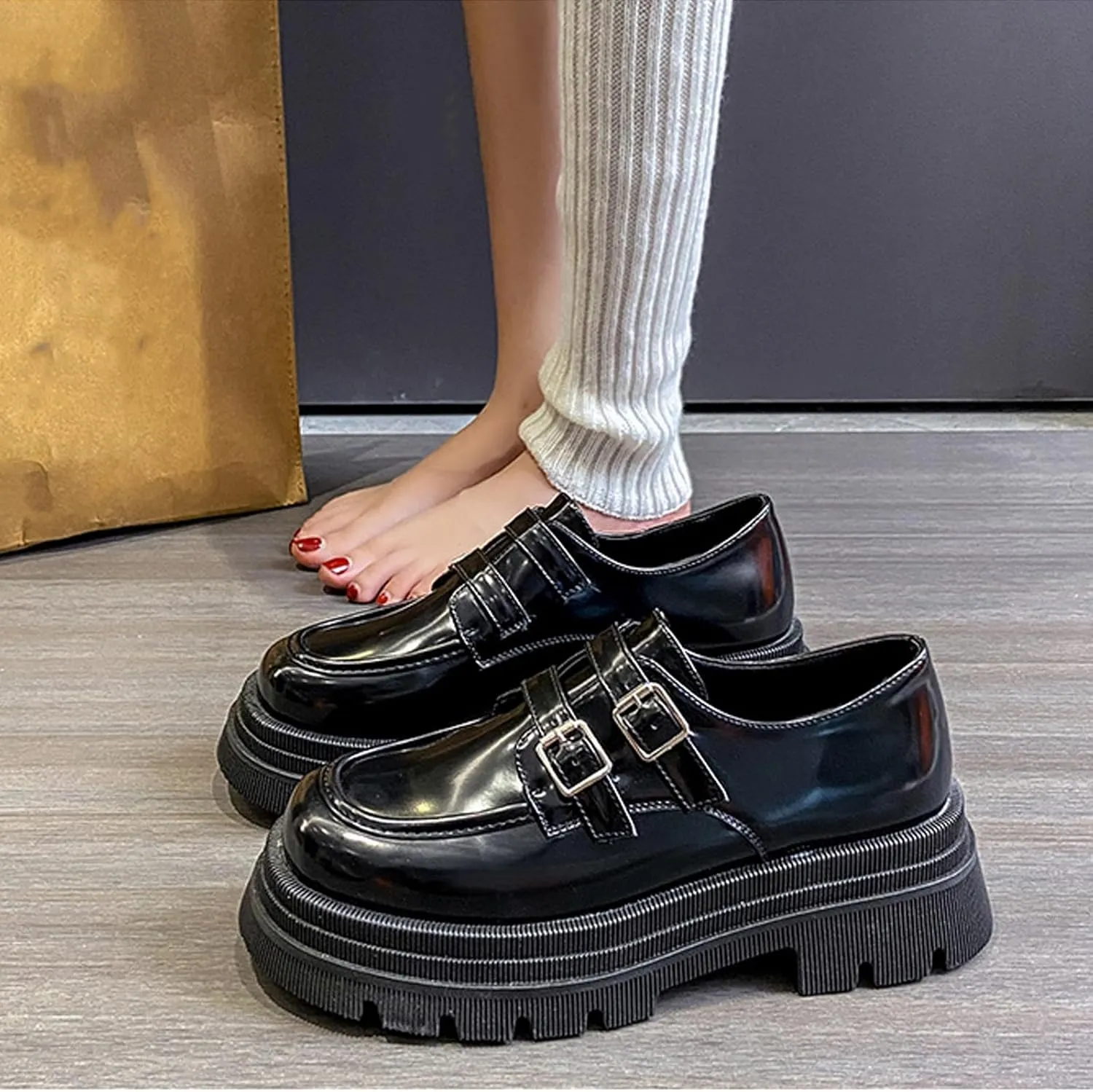 Women's Adjustable Double Buckle Platform Loafers,Classic Chunky Heel Lug Sole Loafers Comfort Round Toe Slip-on Business Work Penny Shoes for Women