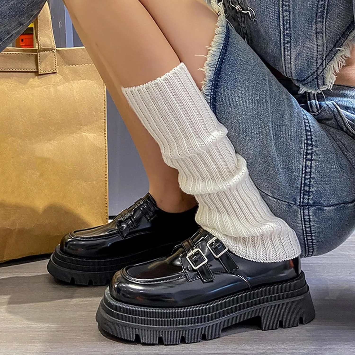 Women's Adjustable Double Buckle Platform Loafers,Classic Chunky Heel Lug Sole Loafers Comfort Round Toe Slip-on Business Work Penny Shoes for Women