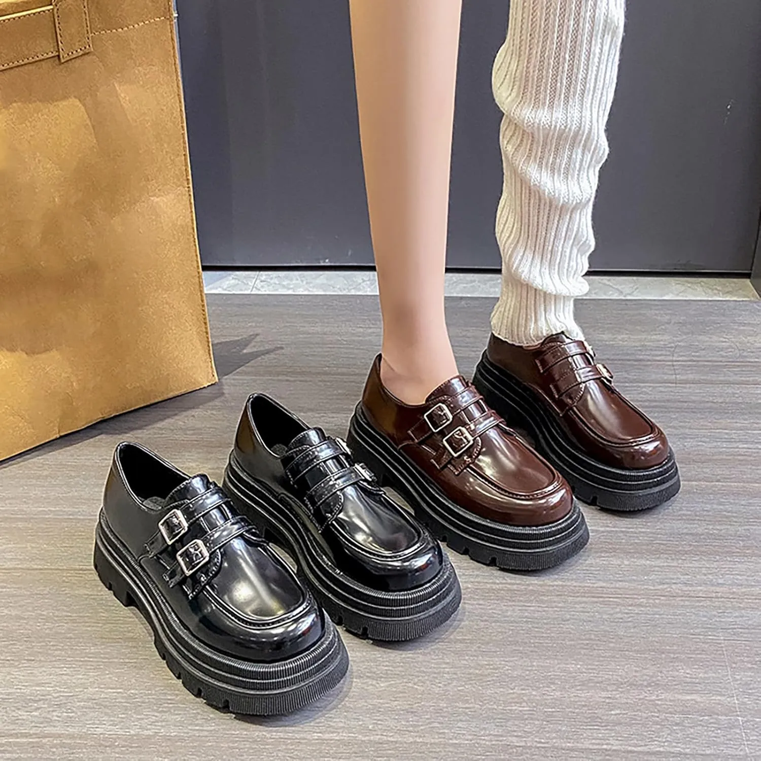 Women's Adjustable Double Buckle Platform Loafers,Classic Chunky Heel Lug Sole Loafers Comfort Round Toe Slip-on Business Work Penny Shoes for Women