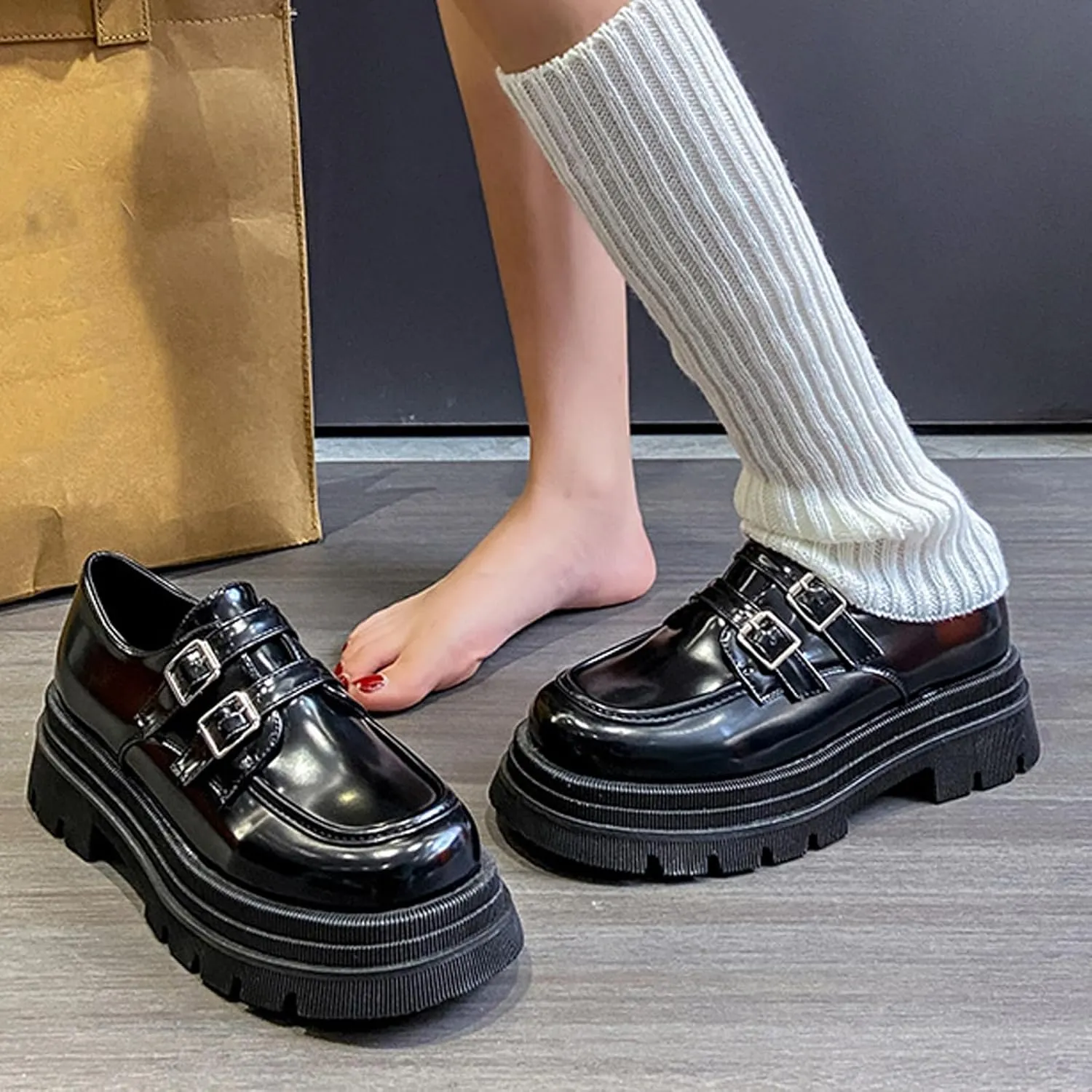 Women's Adjustable Double Buckle Platform Loafers,Classic Chunky Heel Lug Sole Loafers Comfort Round Toe Slip-on Business Work Penny Shoes for Women