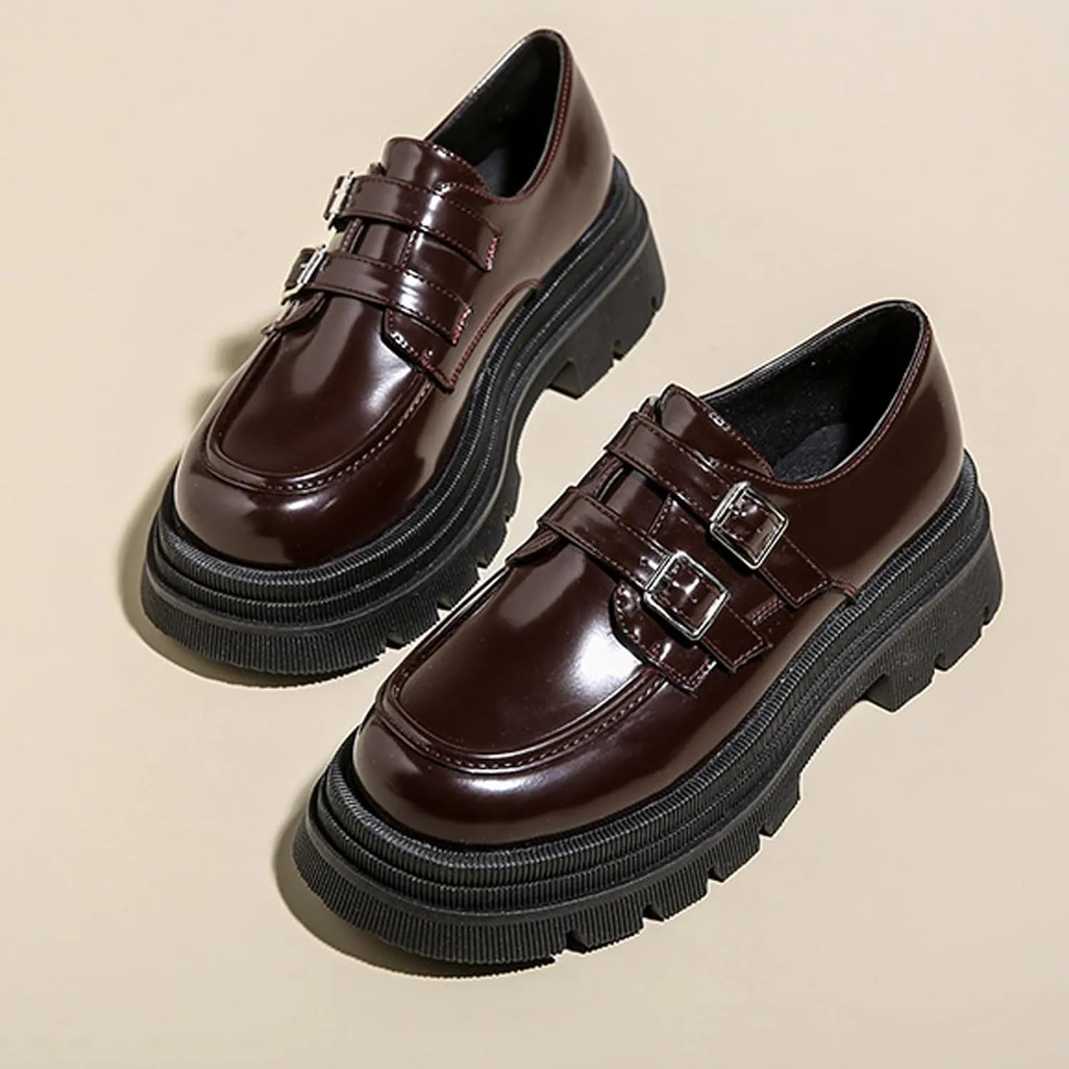 Women's Adjustable Double Buckle Platform Loafers,Classic Chunky Heel Lug Sole Loafers Comfort Round Toe Slip-on Business Work Penny Shoes for Women