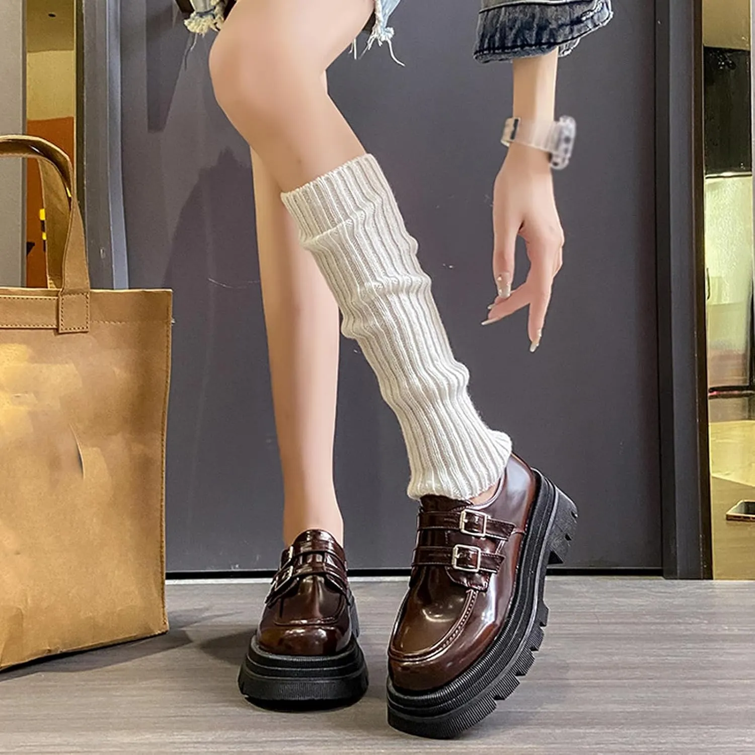 Women's Adjustable Double Buckle Platform Loafers,Classic Chunky Heel Lug Sole Loafers Comfort Round Toe Slip-on Business Work Penny Shoes for Women