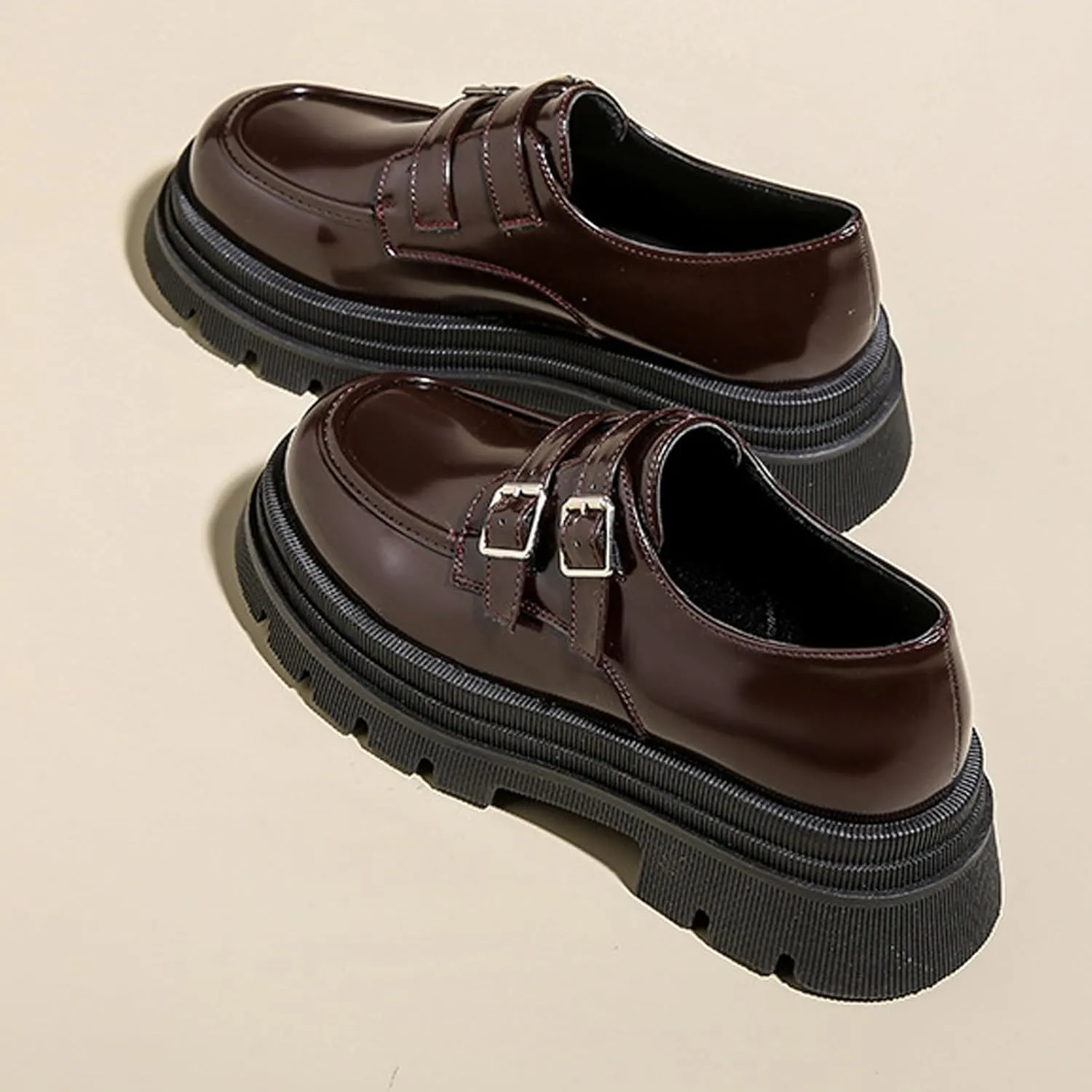 Women's Adjustable Double Buckle Platform Loafers,Classic Chunky Heel Lug Sole Loafers Comfort Round Toe Slip-on Business Work Penny Shoes for Women