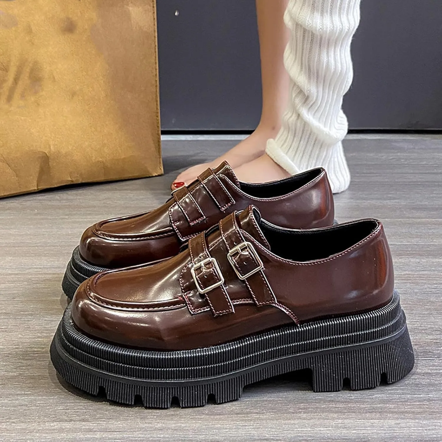 Women's Adjustable Double Buckle Platform Loafers,Classic Chunky Heel Lug Sole Loafers Comfort Round Toe Slip-on Business Work Penny Shoes for Women