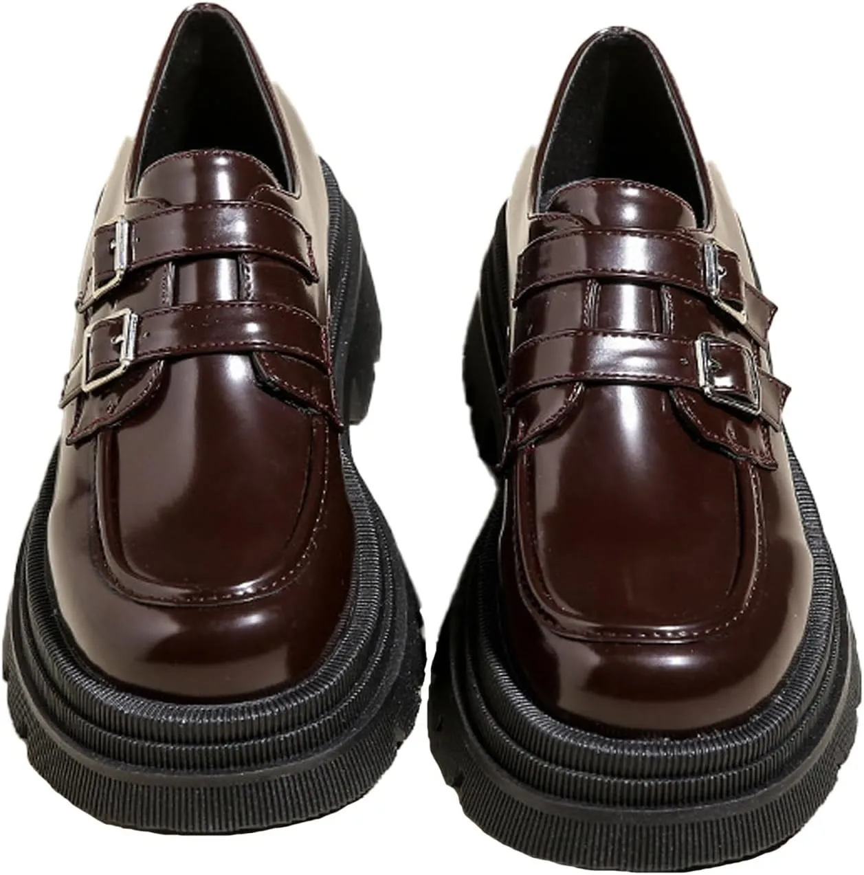 Women's Adjustable Double Buckle Platform Loafers,Classic Chunky Heel Lug Sole Loafers Comfort Round Toe Slip-on Business Work Penny Shoes for Women