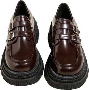 Women's Adjustable Double Buckle Platform Loafers,Classic Chunky Heel Lug Sole Loafers Comfort Round Toe Slip-on Business Work Penny Shoes for Women