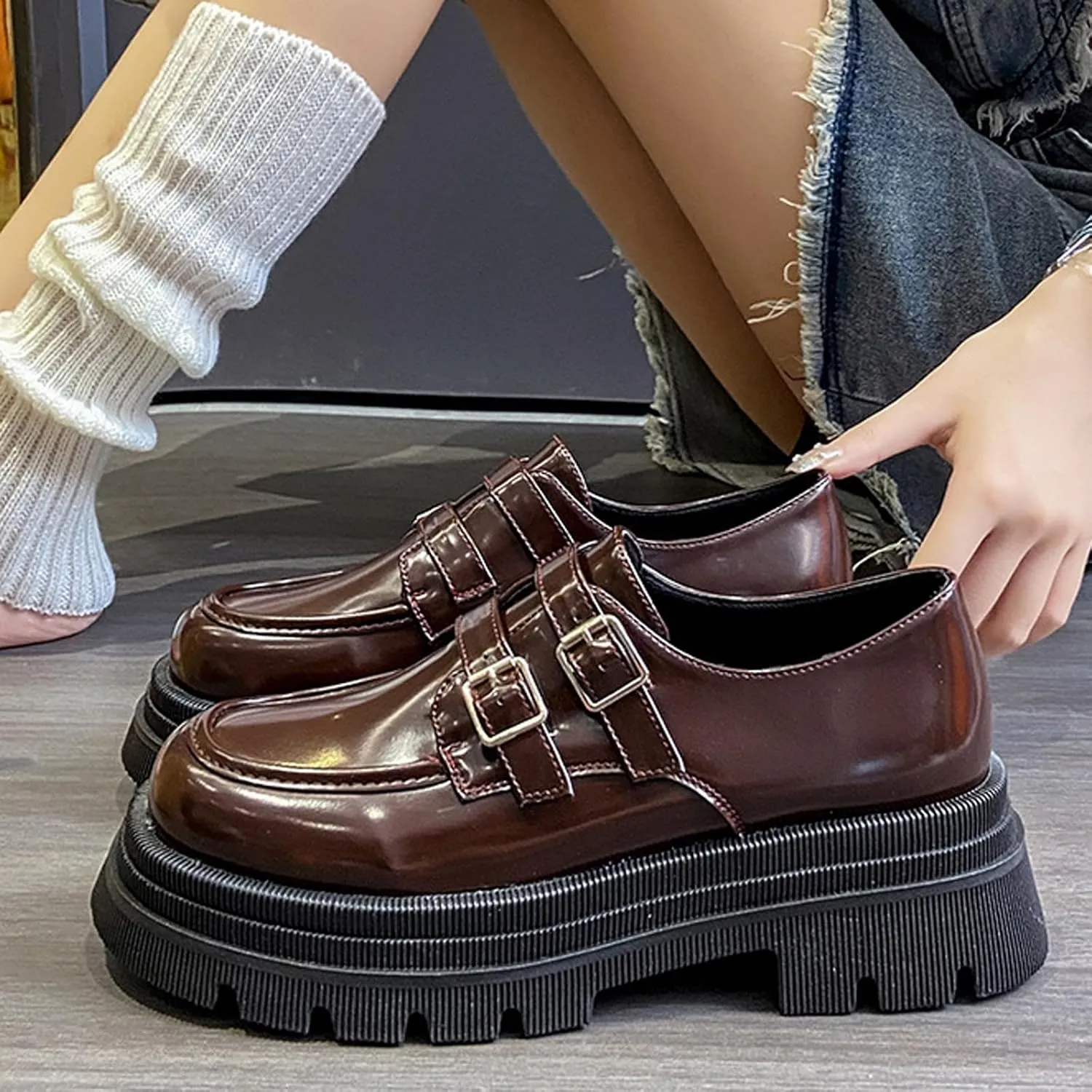 Women's Adjustable Double Buckle Platform Loafers,Classic Chunky Heel Lug Sole Loafers Comfort Round Toe Slip-on Business Work Penny Shoes for Women