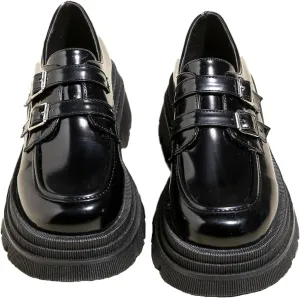 Women's Adjustable Double Buckle Platform Loafers,Classic Chunky Heel Lug Sole Loafers Comfort Round Toe Slip-on Business Work Penny Shoes for Women
