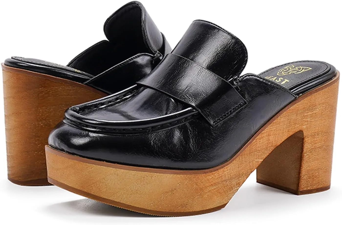 Women's Beige Platform Clogs - Wooden Heel, Closed Toe, Slip-On Mules - Perfect for Casual Occasions