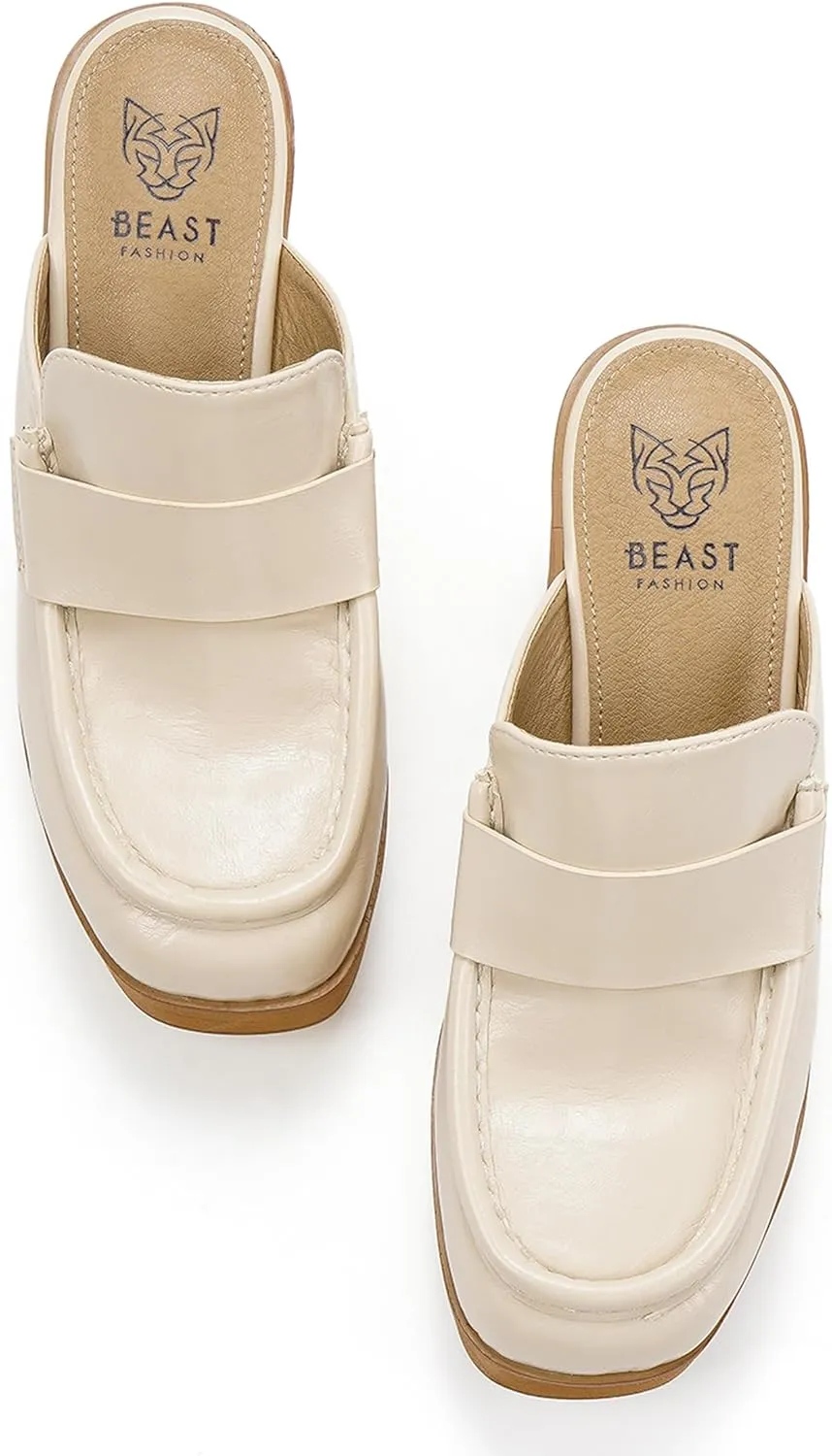 Women's Beige Platform Clogs - Wooden Heel, Closed Toe, Slip-On Mules - Perfect for Casual Occasions
