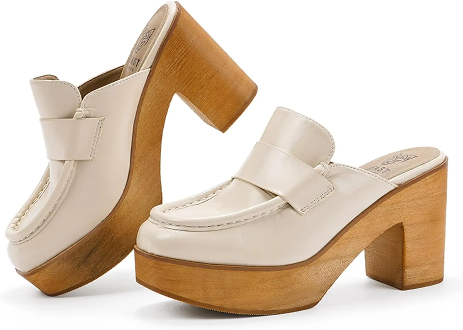 Women's Beige Platform Clogs - Wooden Heel, Closed Toe, Slip-On Mules - Perfect for Casual Occasions