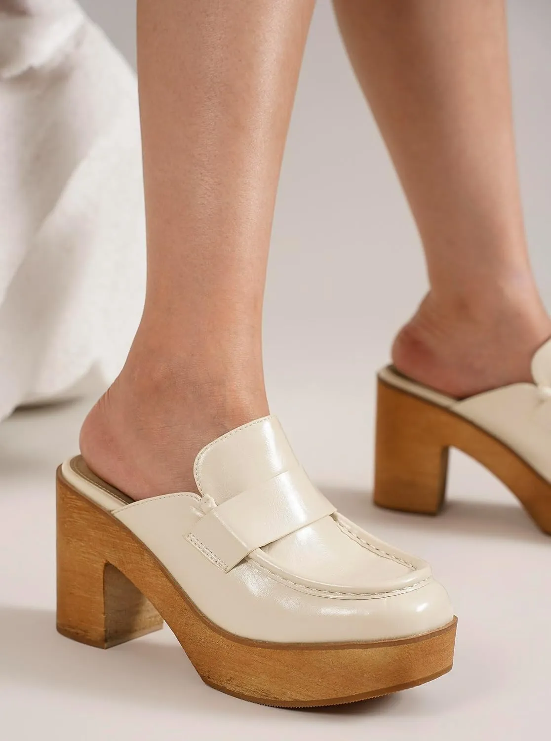 Women's Beige Platform Clogs - Wooden Heel, Closed Toe, Slip-On Mules - Perfect for Casual Occasions