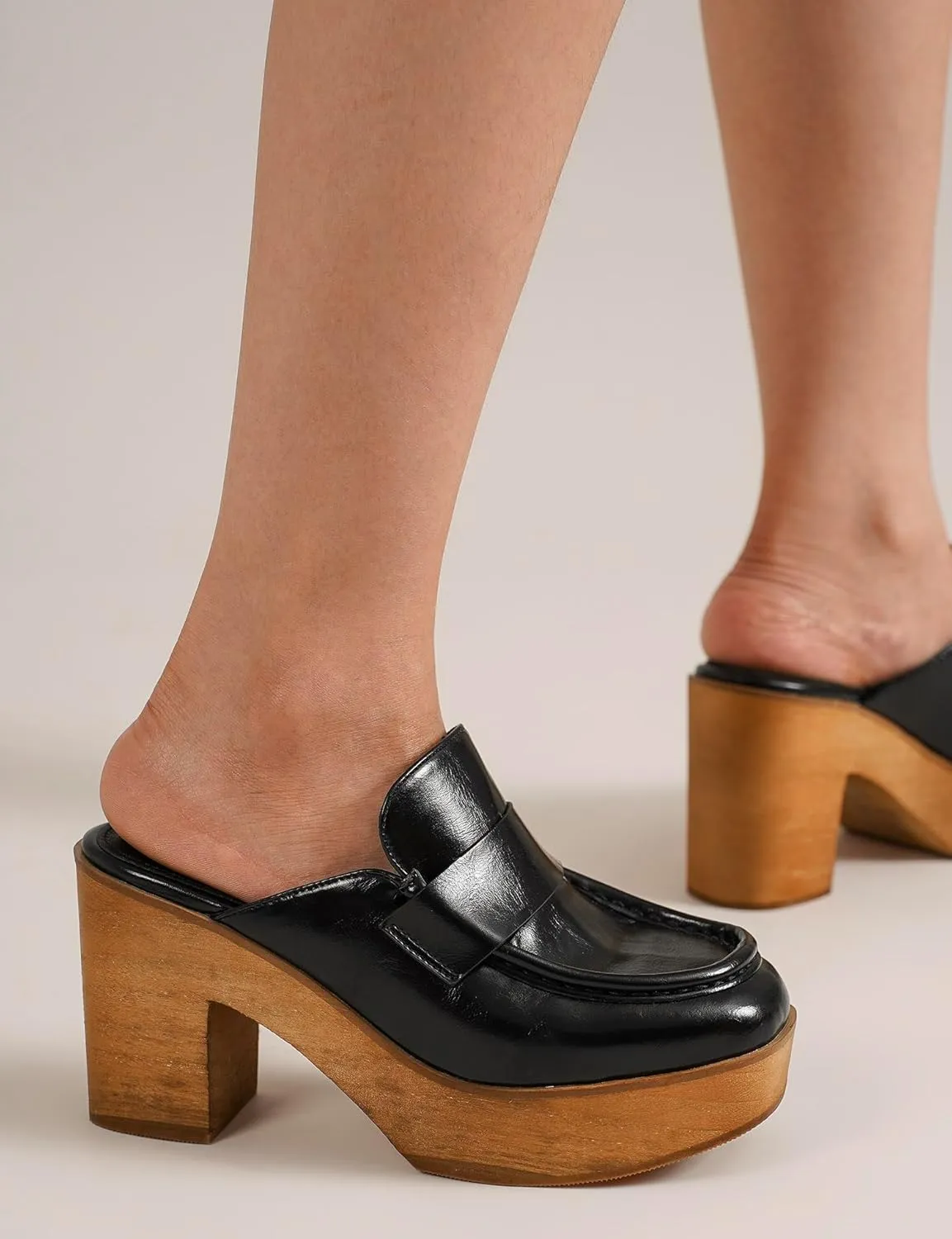 Women's Beige Platform Clogs - Wooden Heel, Closed Toe, Slip-On Mules - Perfect for Casual Occasions