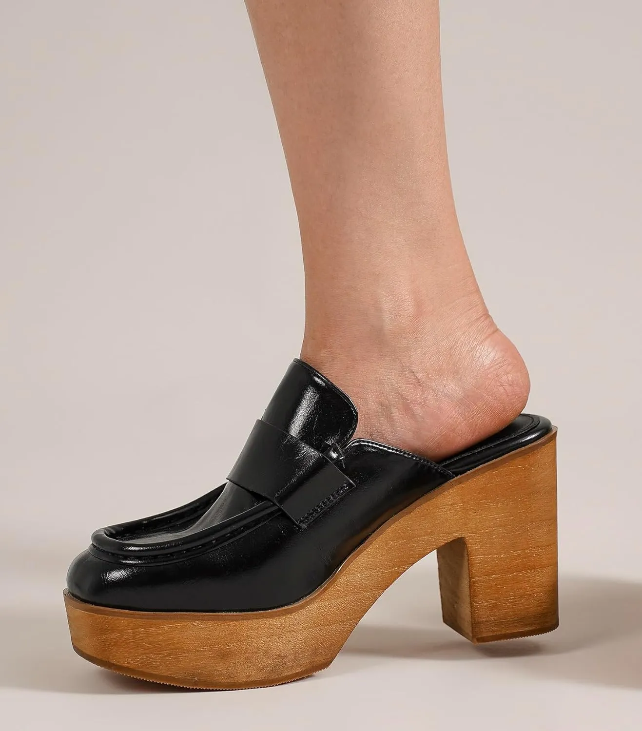 Women's Beige Platform Clogs - Wooden Heel, Closed Toe, Slip-On Mules - Perfect for Casual Occasions