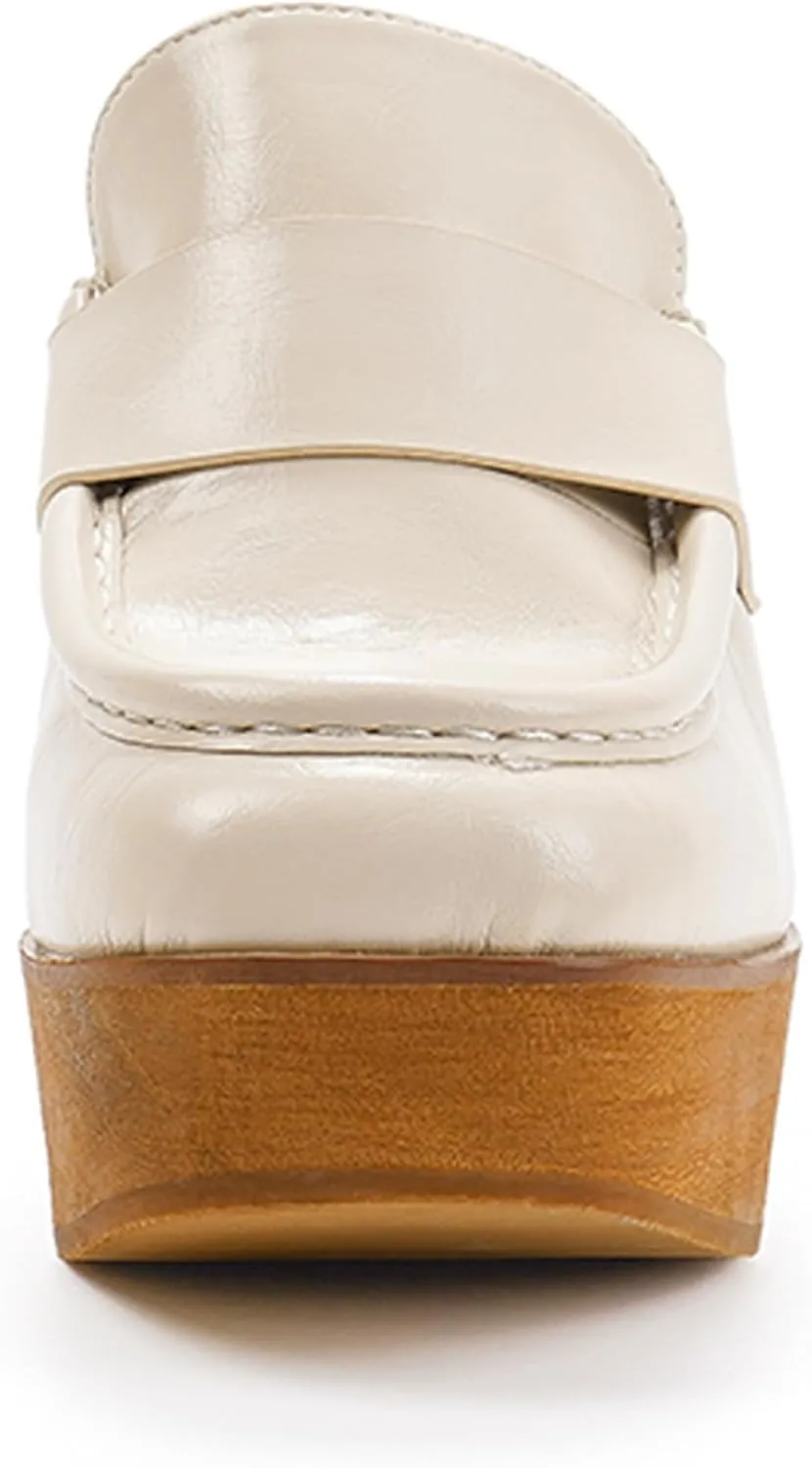 Women's Beige Platform Clogs - Wooden Heel, Closed Toe, Slip-On Mules - Perfect for Casual Occasions