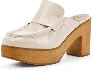 Women's Beige Platform Clogs - Wooden Heel, Closed Toe, Slip-On Mules - Perfect for Casual Occasions