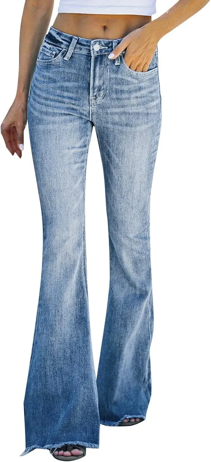 Women's Bell Bottom Mid Rise Baggy Boyfriend Jeans - Stretch Bootcut Denim Pants - Y2K Aesthetic