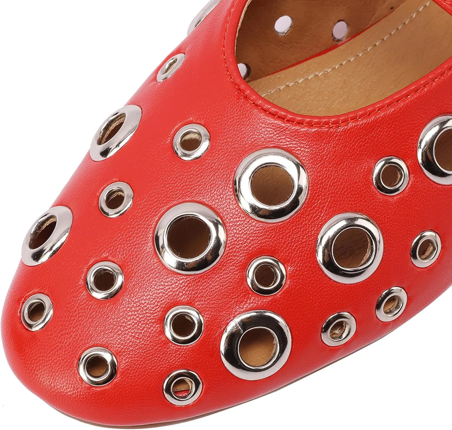 Women's Black Perforated Flat Shoes with Chunky Metallic Ring Embellishments Fashion Casual Loafers Comfortable Walking Slip-On
