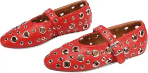 Women's Black Perforated Flat Shoes with Chunky Metallic Ring Embellishments Fashion Casual Loafers Comfortable Walking Slip-On