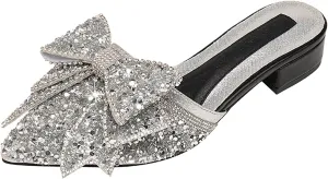 Women's Bow Rhinestone Glitter Low Heels Mules Fashion Closed Pointed Toe Backless Slip on Comfortable Block Heel Pumps Sandals for Party Prom Date Wedding Dressy Slides