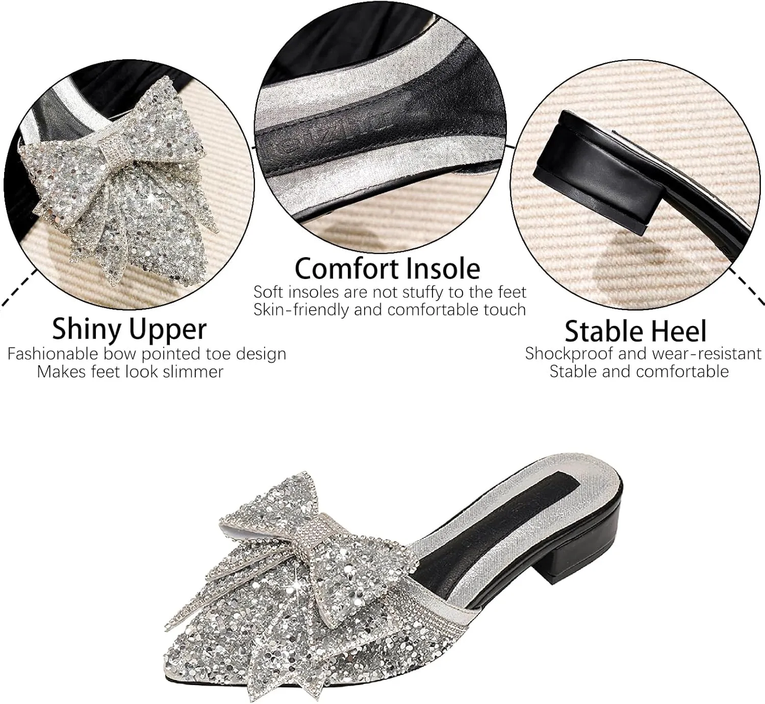 Women's Bow Rhinestone Glitter Low Heels Mules Fashion Closed Pointed Toe Backless Slip on Comfortable Block Heel Pumps Sandals for Party Prom Date Wedding Dressy Slides