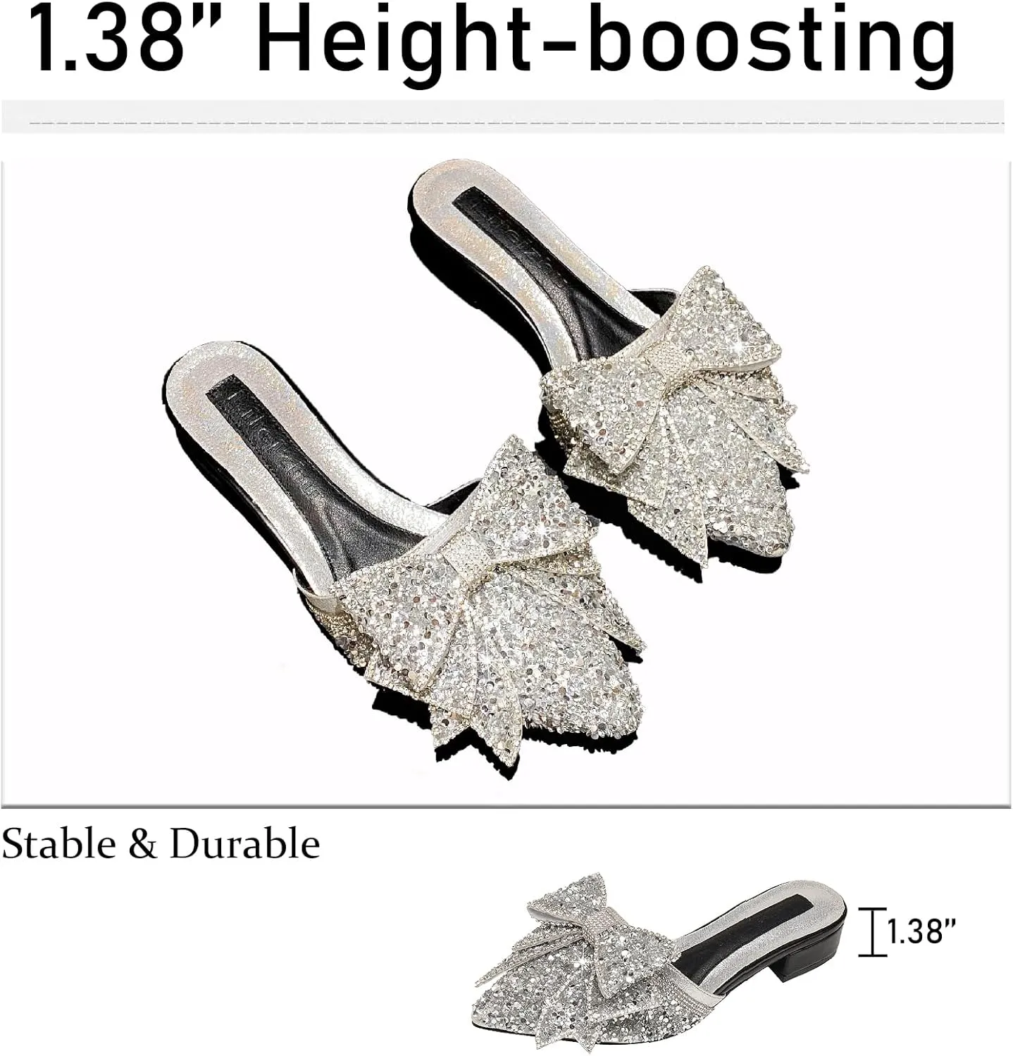 Women's Bow Rhinestone Glitter Low Heels Mules Fashion Closed Pointed Toe Backless Slip on Comfortable Block Heel Pumps Sandals for Party Prom Date Wedding Dressy Slides