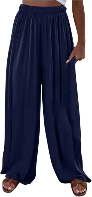 Women's Casual Wide Leg Loose Fashion Trousers Elastic Waisted Palazzo Pants Lounge Work Trouser with Pockets