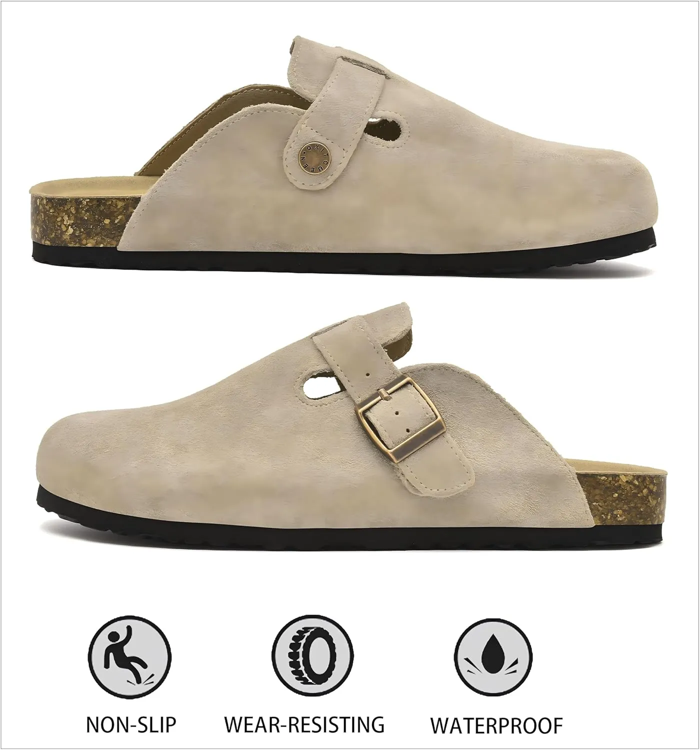 Womens Clogs Soft Leather Mules Cork Footbed Sandals Non-Slip Comfort Potato Shoes