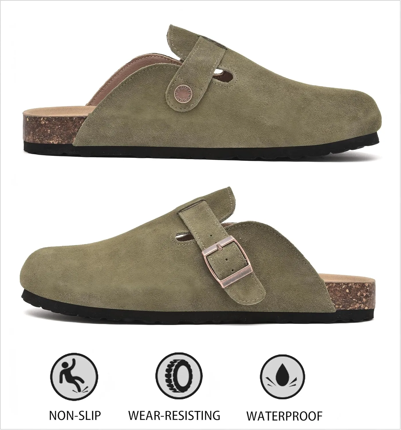 Womens Clogs Soft Leather Mules Cork Footbed Sandals Non-Slip Comfort Potato Shoes