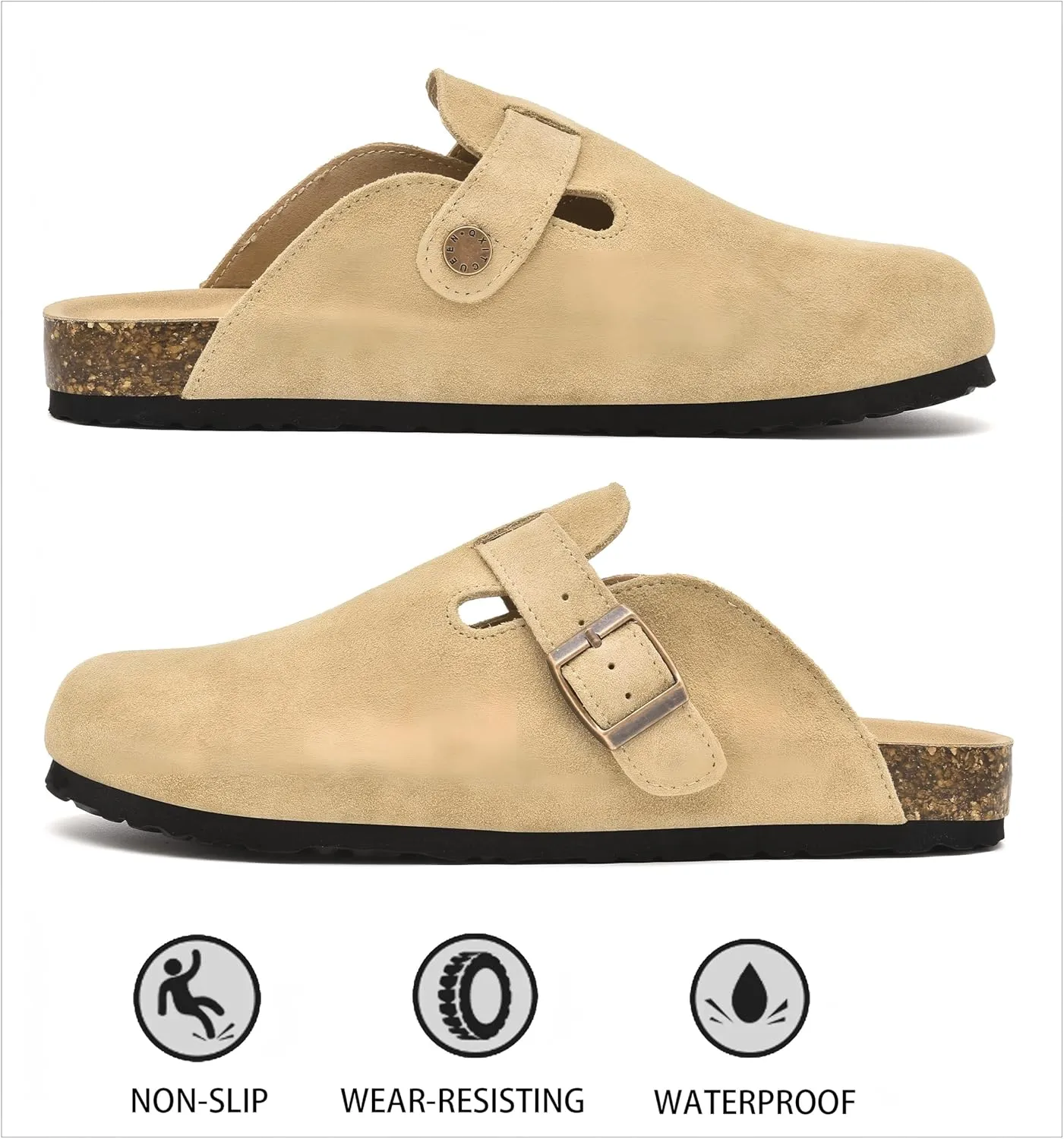 Womens Clogs Soft Leather Mules Cork Footbed Sandals Non-Slip Comfort Potato Shoes