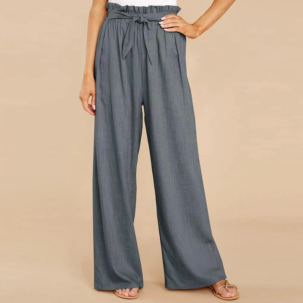 Women's Cotton Linen Casual Adjustable Tie Knot Trousers Boho Palazzo Beach Pants Loose Fit Wide Leg Work Pant