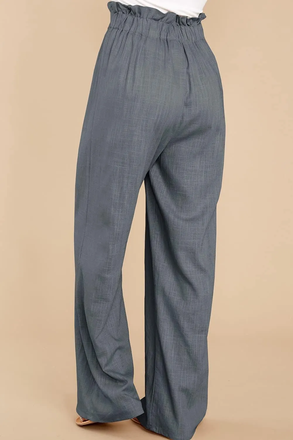 Women's Cotton Linen Casual Adjustable Tie Knot Trousers Boho Palazzo Beach Pants Loose Fit Wide Leg Work Pant
