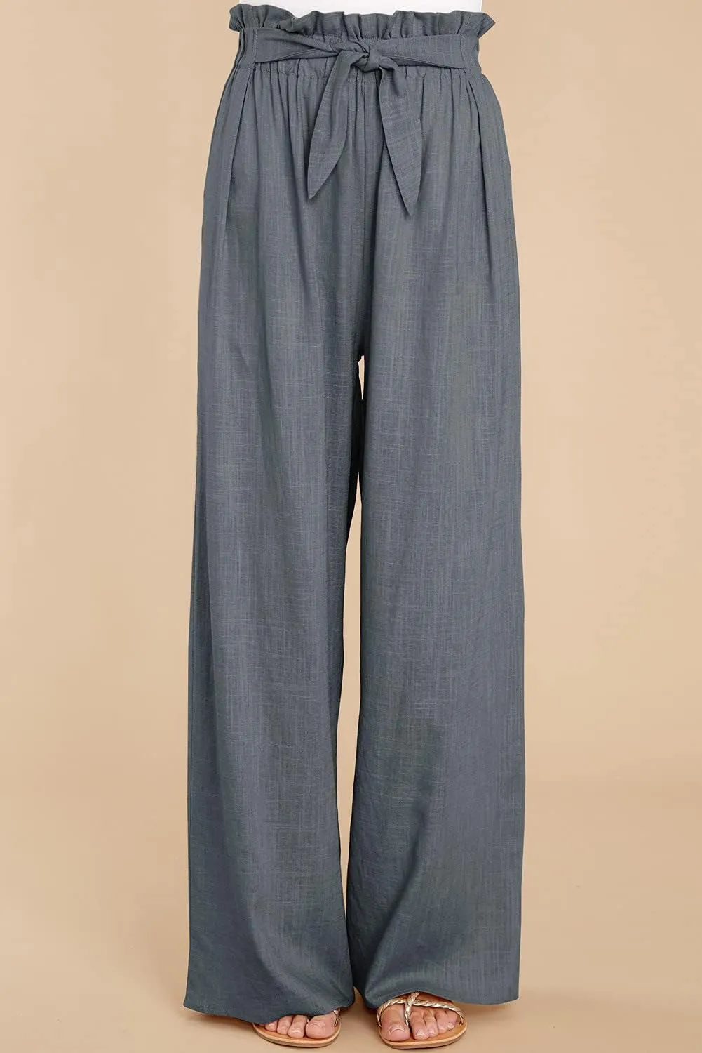 Women's Cotton Linen Casual Adjustable Tie Knot Trousers Boho Palazzo Beach Pants Loose Fit Wide Leg Work Pant