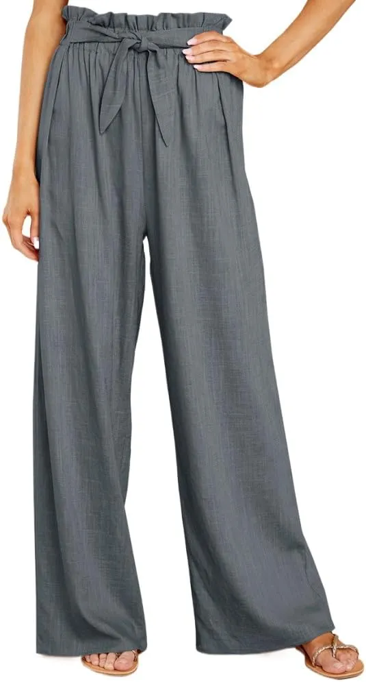 Women's Cotton Linen Casual Adjustable Tie Knot Trousers Boho Palazzo Beach Pants Loose Fit Wide Leg Work Pant