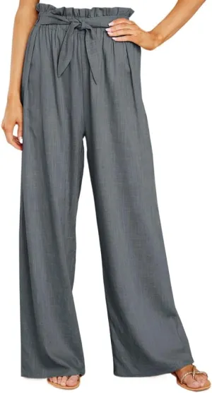 Women's Cotton Linen Casual Adjustable Tie Knot Trousers Boho Palazzo Beach Pants Loose Fit Wide Leg Work Pant