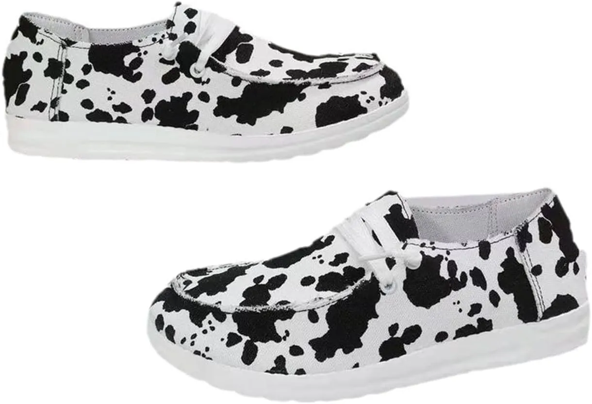 Womens Cow Print Shoes Denim Canvas Sneakers Leopard Walking Shoes Casual Comfortable Slip on Flat Loafers Lace-Up Outdoor Shoes