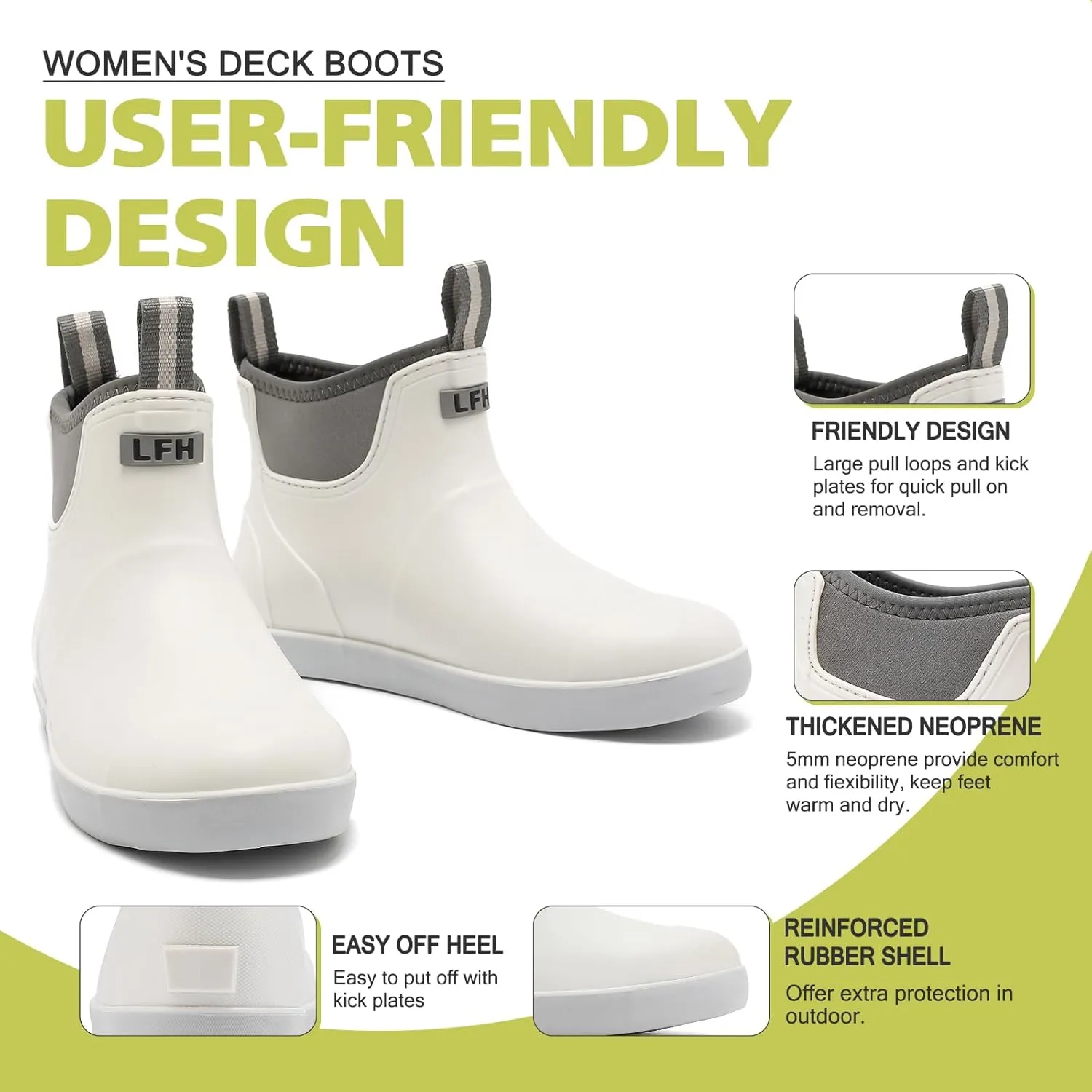 Women's Deck Boots, Waterproof Ankle Rain Boots with Anti-Slip Traction, Rubber Garden & Fishing Boots for Boating, Camping, Farming & Outdoor Work