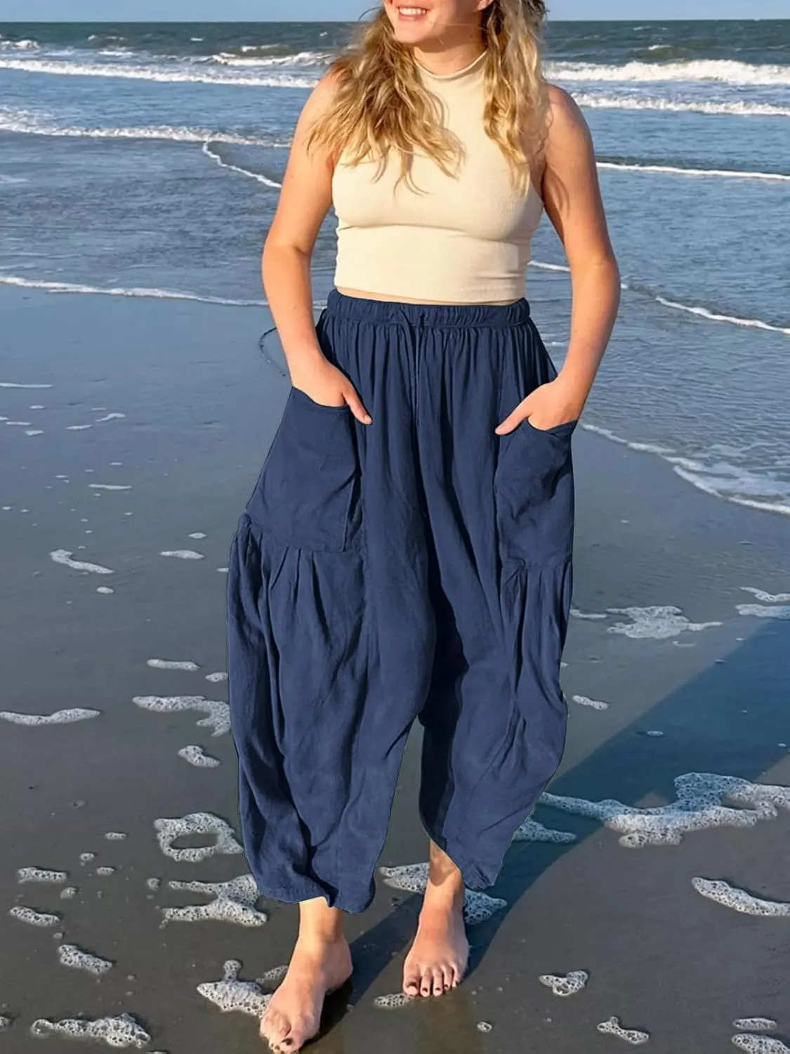 Women's Elastic Pleated High Waisted Wide Leg Pants Loose Casual Cotton Linen Long Lounge Trouser Palazzo Pant