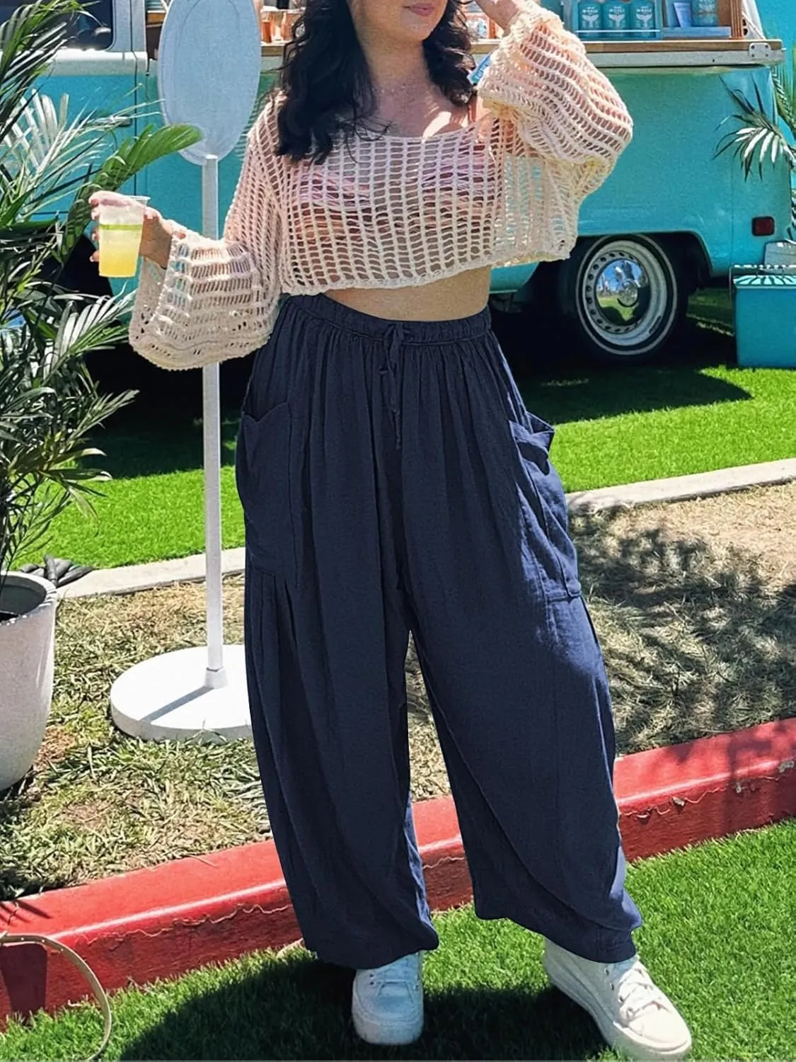 Women's Elastic Pleated High Waisted Wide Leg Pants Loose Casual Cotton Linen Long Lounge Trouser Palazzo Pant