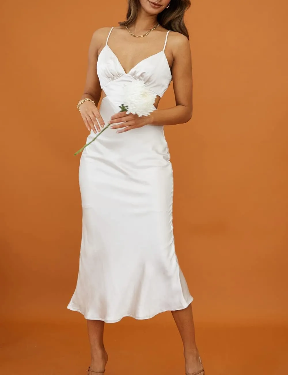 Women's Fall Satin Backless Maxi Dress Silk Cut Out V Neck Slip Tie Back Formal Cocktail Midi Dresses for Wedding Guest