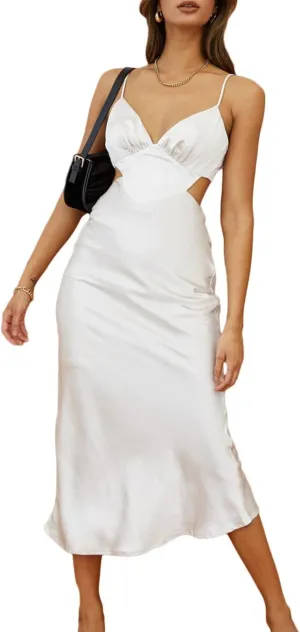 Women's Fall Satin Backless Maxi Dress Silk Cut Out V Neck Slip Tie Back Formal Cocktail Midi Dresses for Wedding Guest