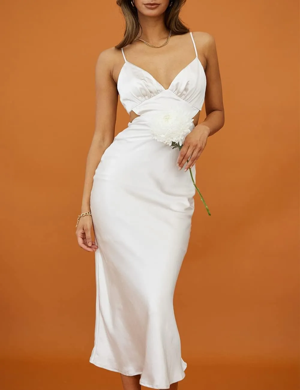 Women's Fall Satin Backless Maxi Dress Silk Cut Out V Neck Slip Tie Back Formal Cocktail Midi Dresses for Wedding Guest