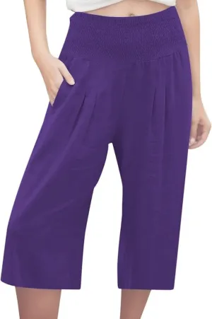 Women's Fashion Cotton Linen Capri Pants Summer Thin Bottoming Cropped Palazzo Pant Casual Loose Wide-Leg Trouser