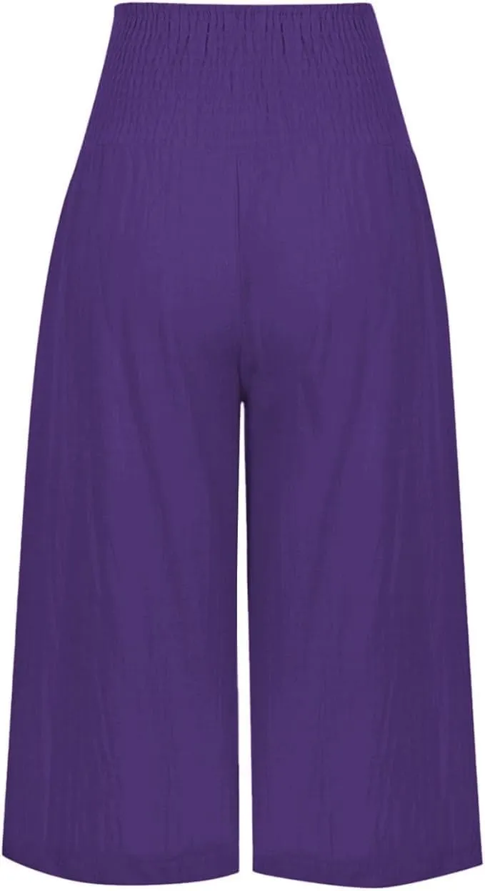 Women's Fashion Cotton Linen Capri Pants Summer Thin Bottoming Cropped Palazzo Pant Casual Loose Wide-Leg Trouser