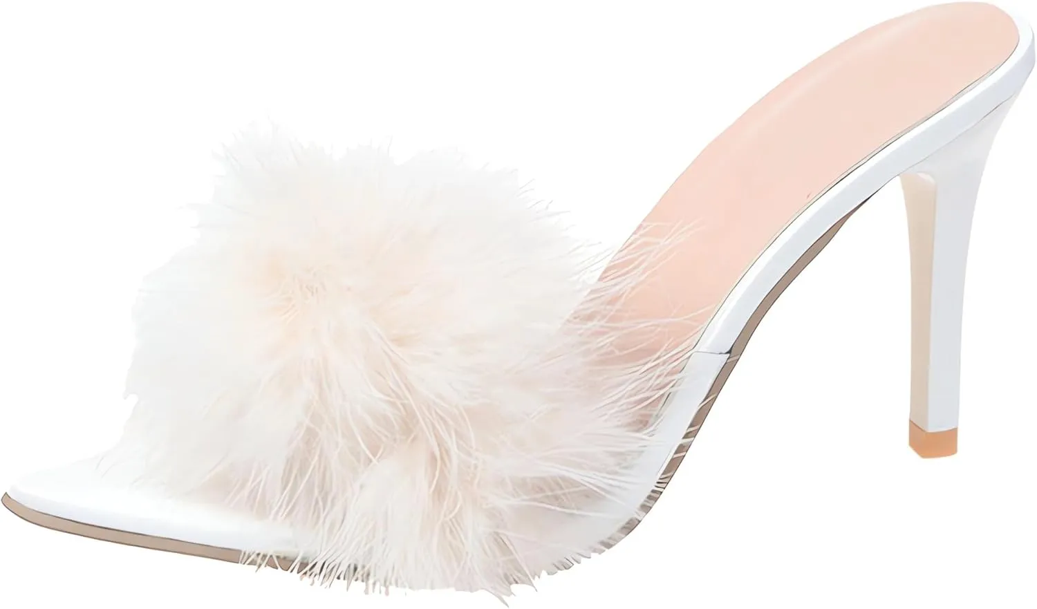 Women's Fur Heels, Pointed Toe Feather Sandals Fluffy Mules for Lingerie Wedding Bridal Party